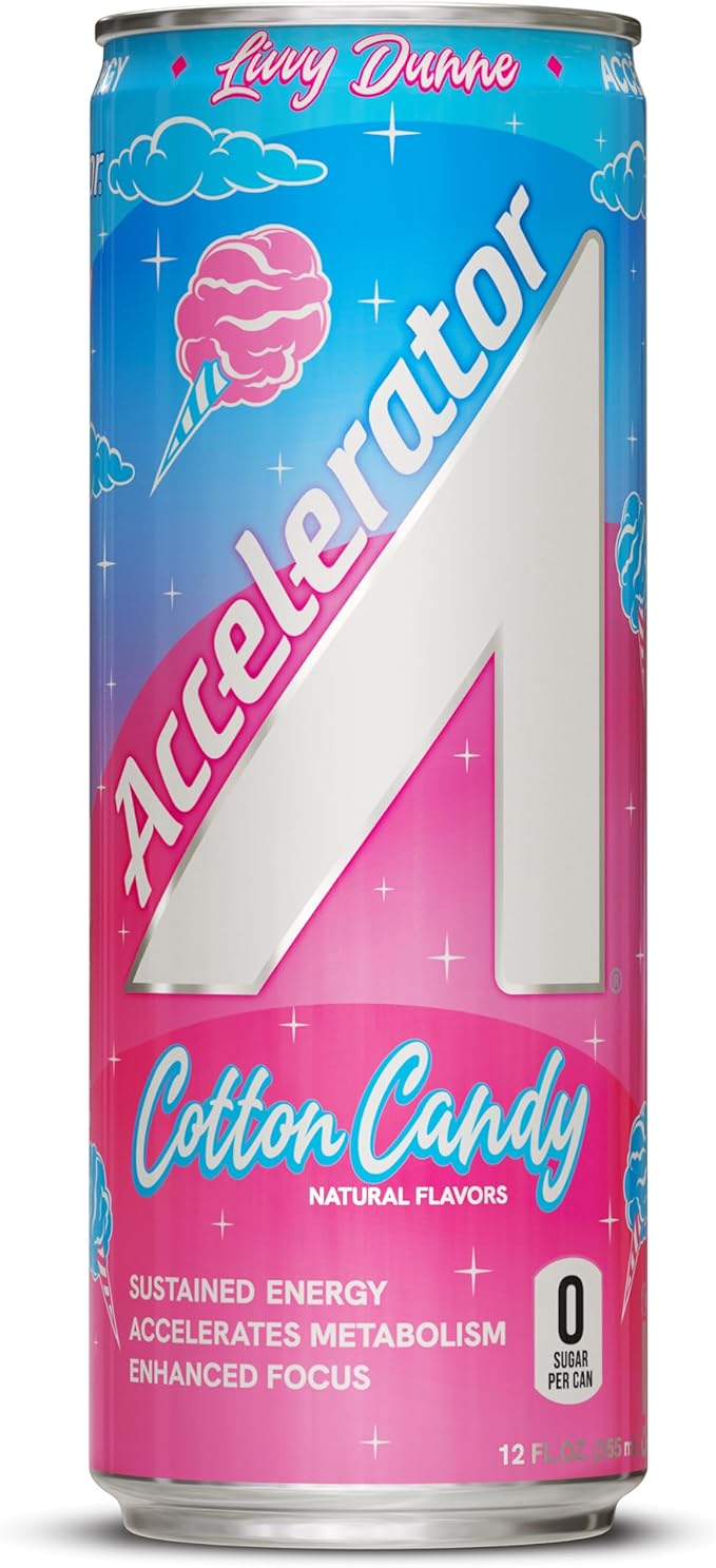 Accelerator Energy Drink, Cotton Candy 12oz can (12 pack), Zero Sugar, Sustained Energy from 100% Natural Caffeine (200mg from Green Coffee Bean & Green Tea extract)