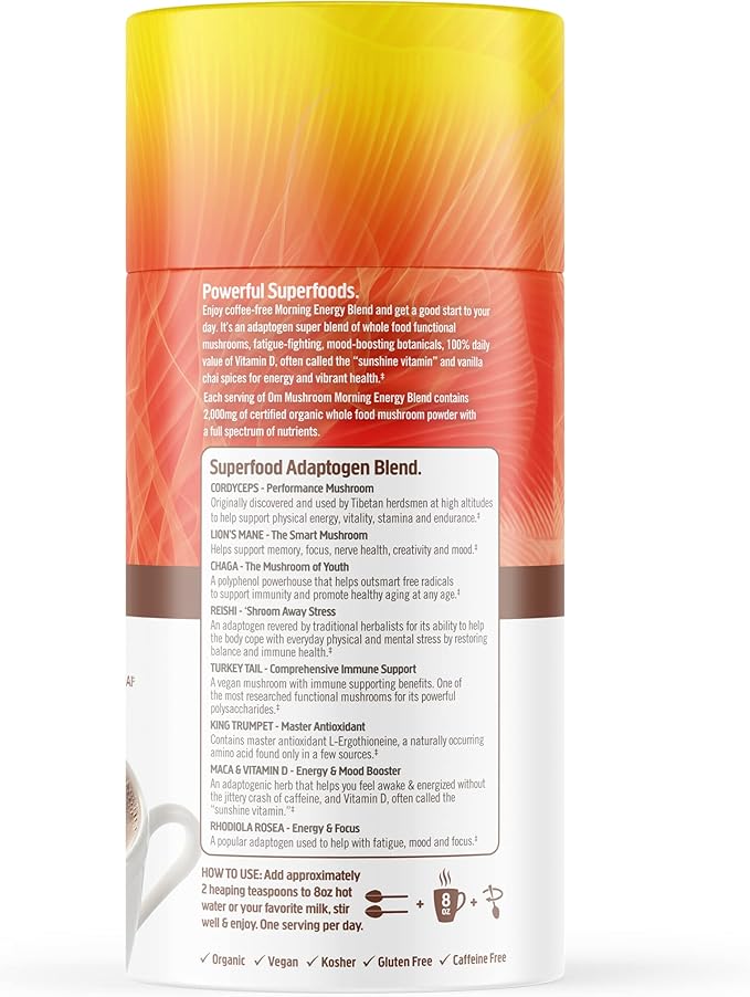 OM MUSHROOM SUPERFOOD Morning Energy Blend – Caffeine-Free Powder with Cordyceps, Lion’s Mane, Rhodiola & Vitamin D2 – Supports Energy, Focus & Endurance – 8.47 oz Canister (30 Servings)