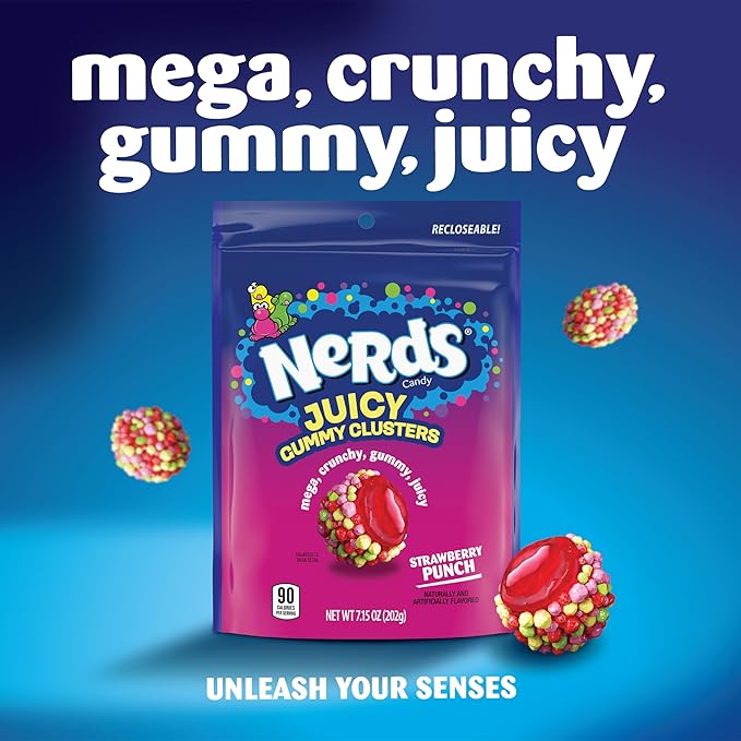 NERDS Juicy Gummy Clusters, Strawberry Punch, Juicy and Gummy Candy, 1 Stand Up Bag, for Snacking and Sharing, 7.15 oz