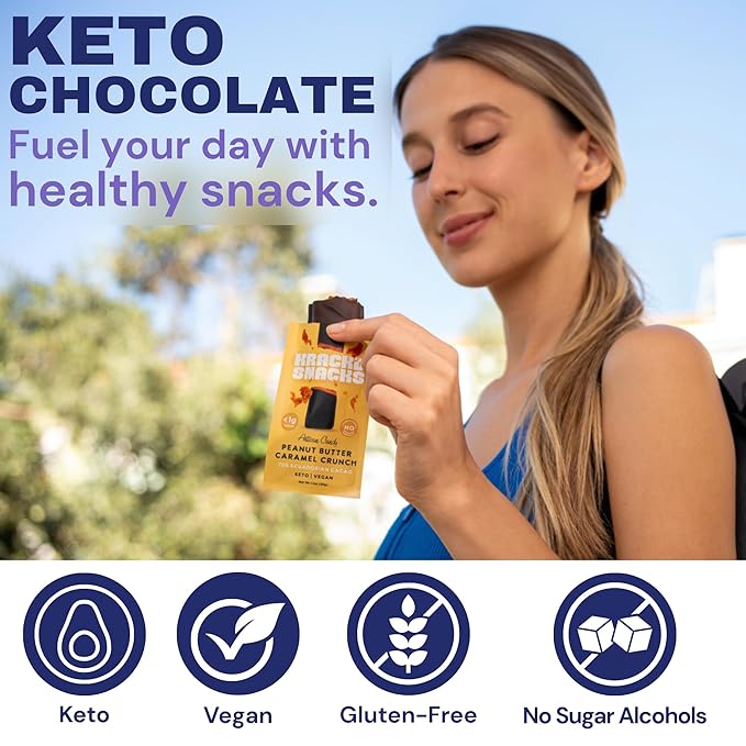 Krack’d Snacks Keto Chocolate Snack Bars 10 Pk | Handmade Low Carb, Sugar Free Dark Chocolates with Peanut Butter, Caramel Crunch, Allulose | Vegan, Non-GMO, Gluten Free Chocolate Candy Bar