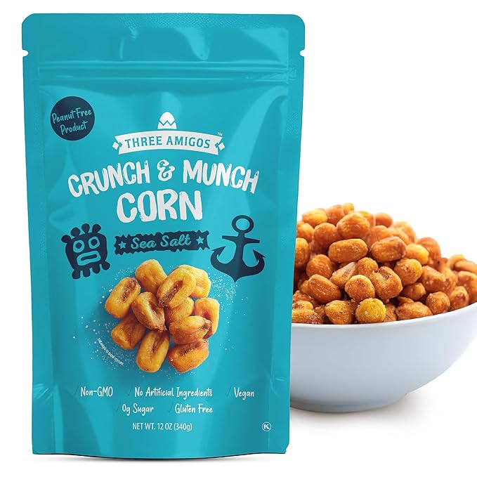 Three Amigos Corn Nuts Suger Free, 100% Vagan, Peanut Free Non-GMO (All Natural Ingredients) Guilt-Free snacking Toasted Corn Kernels in Reseable Bag - Crunchy & Munch Snack (12 OZ) (12 oz, Sea Salt)