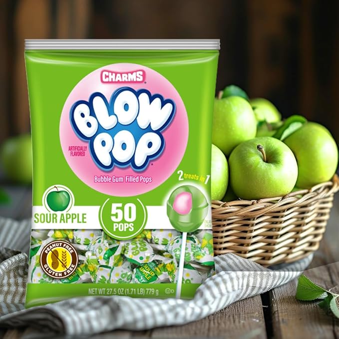 Charms Blow Pop Single Flavor Bag - Sour Apple Flavored Lollipops with a Bubble Gum Center - Individually Wrapped Hard Candy - Green Candy - Peanut Free, Gluten Free, 50 Count (Pack of 1)