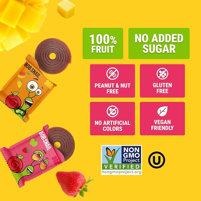 Bob Snail Fruit Roll Ups – 50 Natural Fruit Snacks (Mango & Strawberry), Vegan, No Added Sugar, Healthy On-the-Go Pack, 500g