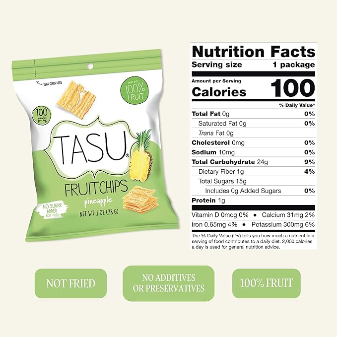 TASU Pineapple Dried Fruit Chips - 100% Natural, Crispy, Crunchy, and Allergen-Free Healthy Snacks for Kids & Adults, Vegan, Gluten-Free, No Added Sugar, No Oils Added, Perfect for Lunch Bags and On-the-Go Snacks | 12 Pack (1 Oz Each)