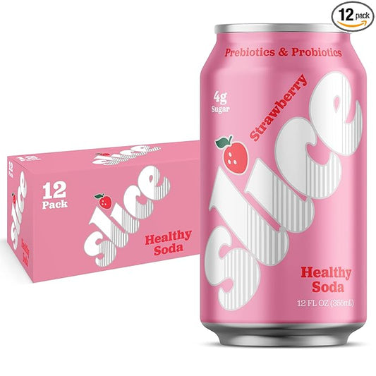 Slice Healthy Soda, Strawberry, Prebiotic & Probiotic Soda Pop, 5g Fiber, 35 calories, 12 fl oz 12 Pack