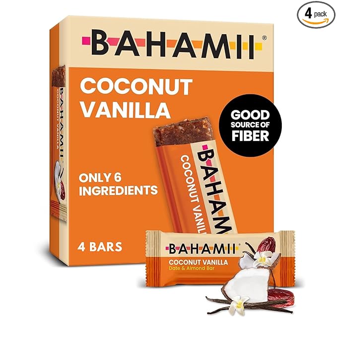 Bahamii Snack Bars, Made with Dates & Nuts, Healthy Snacks, Gluten Free, Good Source of Fiber, Only 6 Ingredients, For Kids & Adults, No Added Sugar, Vegan, 4 Pack, Coconut Vanilla