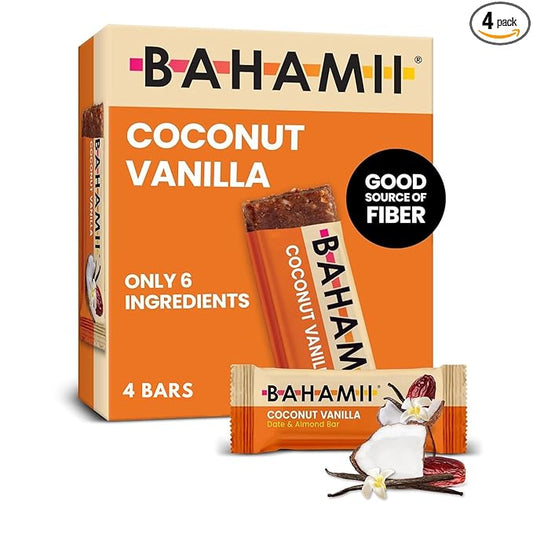 Bahamii Snack Bars, Made with Dates & Nuts, Healthy Snacks, Gluten Free, Good Source of Fiber, Only 6 Ingredients, For Kids & Adults, No Added Sugar, Vegan, 4 Pack, Coconut Vanilla