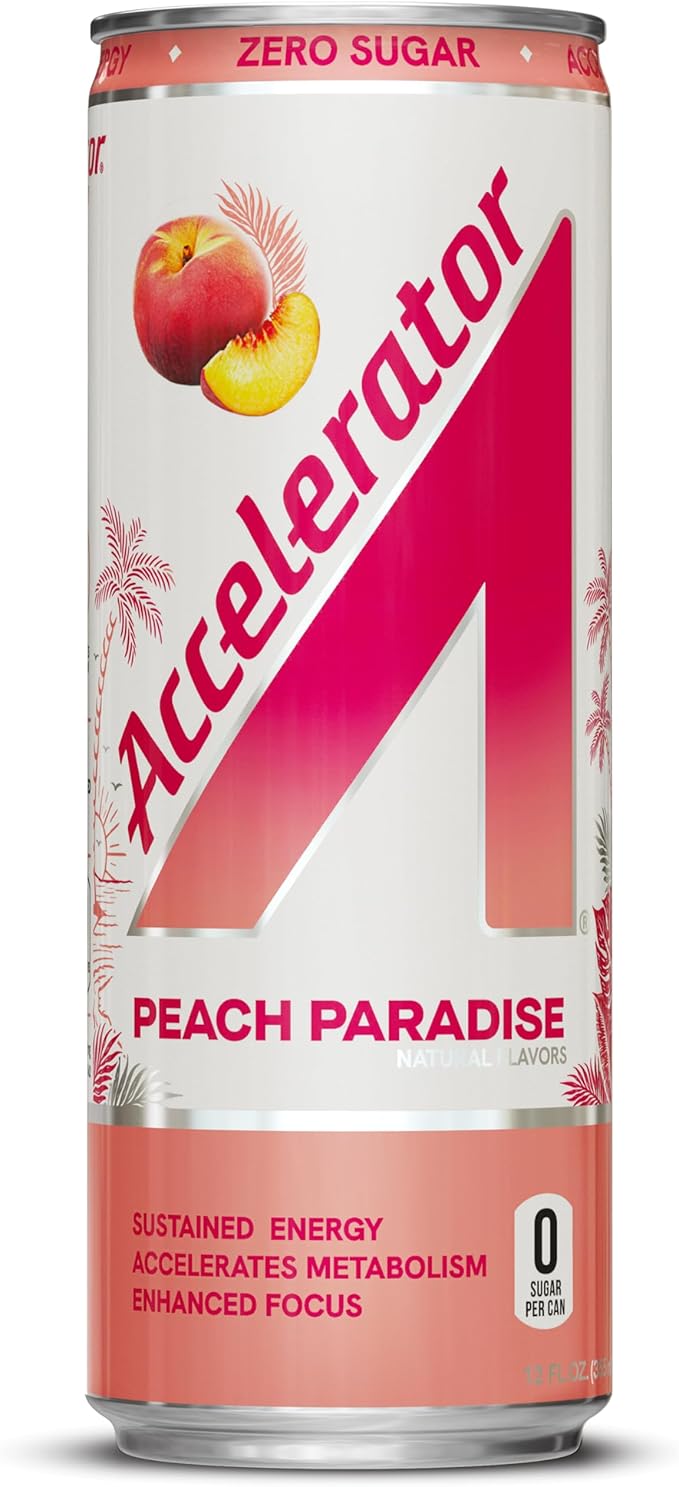 Accelerator Energy Drink, Peach Paradise 12oz can (12 pack), Zero Sugar, Sustained Energy from 100% Natural Caffeine (200mg from Green Coffee Bean & Green Tea extract)