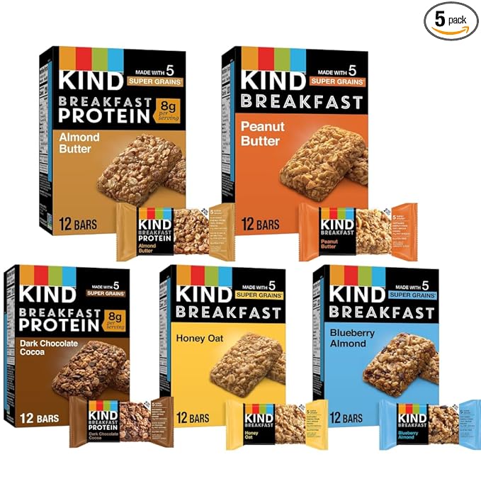 KIND Breakfast Bars Variety Pack – 60 Bars – Dark Chocolate Cocoa, Honey Oat, Peanut Butter, Blueberry Almond & Almond Butter – Healthy On-the-Go Snack Bars