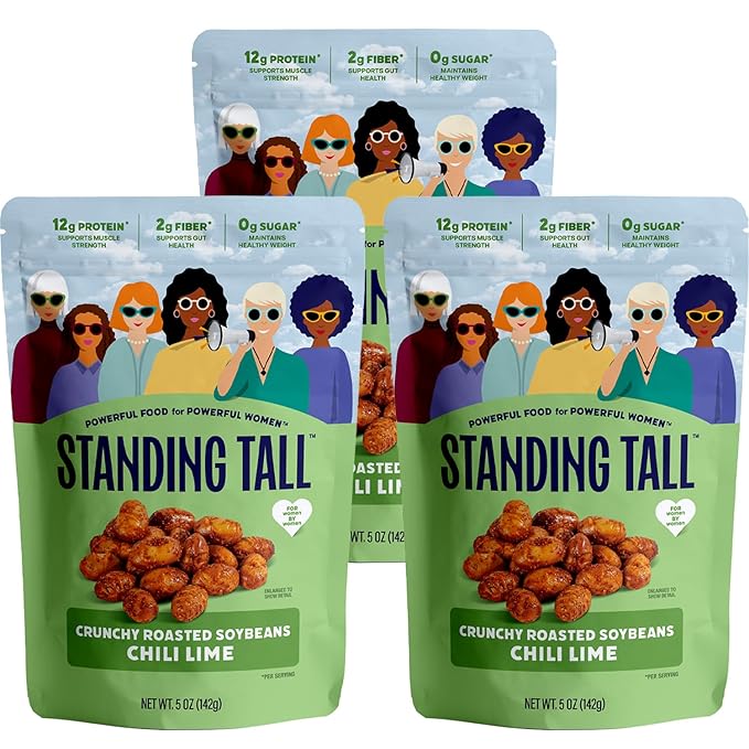 Standing Tall Roasted Soybean Snack, Chili Lime Flavor – Crunchy High-Protein Soybeans, 12g protein, 2g fiber, 0g sugar, Plant-Based Vegan Snack, Gluten-Free, Non-GMO, 3 Count Multi-Pack