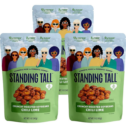 Standing Tall Roasted Soybean Snack, Chili Lime Flavor – Crunchy High-Protein Soybeans, 12g protein, 2g fiber, 0g sugar, Plant-Based Vegan Snack, Gluten-Free, Non-GMO, 3 Count Multi-Pack