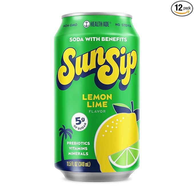 SunSip Prebiotic Soda by Health-Ade, Gut-Healthy Beverage, Soda Swap, Vitamins & Minerals, Naturally Sweetened with 5g of Sugar, Lemon Lime, 11.5 oz (12 Pack)
