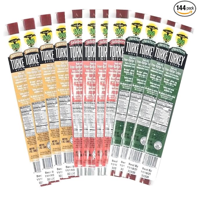 Turkey Variety, Sogo Snacks, No Sugar, Low Carb, Free-Range from a Family Farm. No Soy, MSG, Dairy, Nuts, Nitrates. Gluten Free Non-GMO. Keto, Whole, Paleo Friendly (Turkey Variety, 1-oz, 144 Cnt)