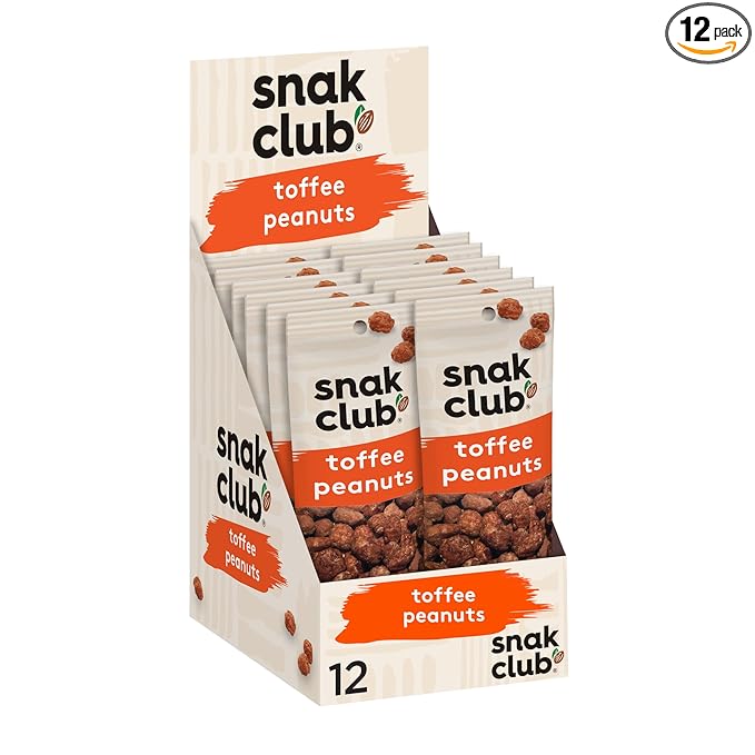Snak Club Toffee Peanuts, Candied Peanuts with Praline Coat and Sweet Cream, Gluten-Free and Kosher Snack, 2 oz Bags, 12 Pack