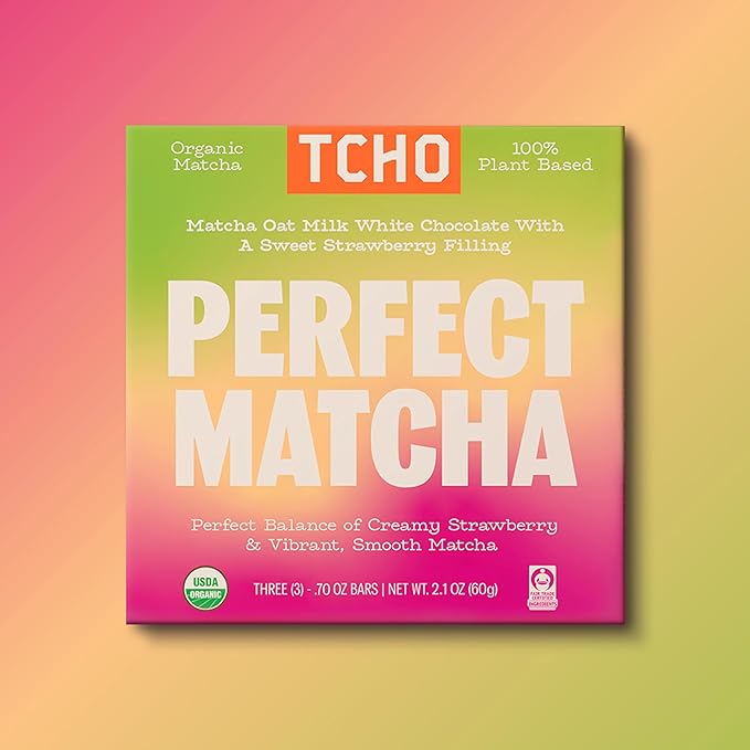 TCHO Perfect Matcha Chocolate Bar 3 Pack - Organic Oat Milk Chocolate with Matcha Shell and Strawberry Filling - Plant-Based Non-GMO