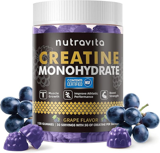 Nutravita Creatine Monohydrate Gummies for Men & Women-5g of Creatine Monohydrate per Serving - Sugar Free,Vegan, Grapes Flavor, 120 Count