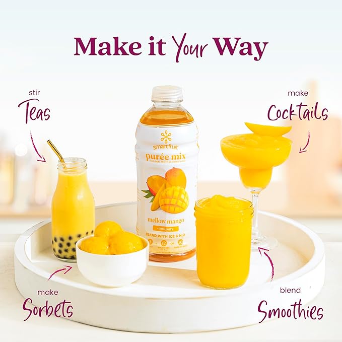 Smartfruit Mellow Mango + Immunity – 100% Real Fruit Purée w/Mango, Banana, Apple, Pineapple – Great for Smoothies, Juice, Yogurt, Cocktails, Tea – High in Vitamin C, Selenium, Zinc – 2-Pk, 48oz Each