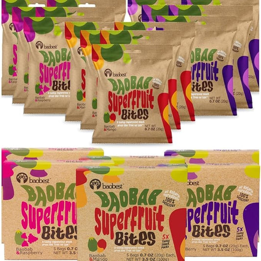 Baobest Superfruit Bites - Baobab Fruit Snack Variety Pack - Berry, Mango, and Raspberry - Vegan, Gluten Free, High in Vitamin C, Preservative-Free, Superfood Snack from the Tree of Life - 30 Servings