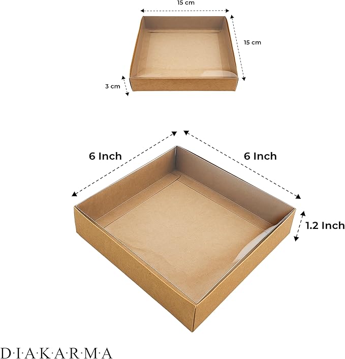 Diakarma Gift Boxes with Clear Cover, Bakery Treat Boxes for Small Cakes, Cookies, Desserts, Donuts, Pastries, Gifts, and Party Favors – Durable & Elegant (10 Pieces Brown Kraft, 6"x6"x1.2")