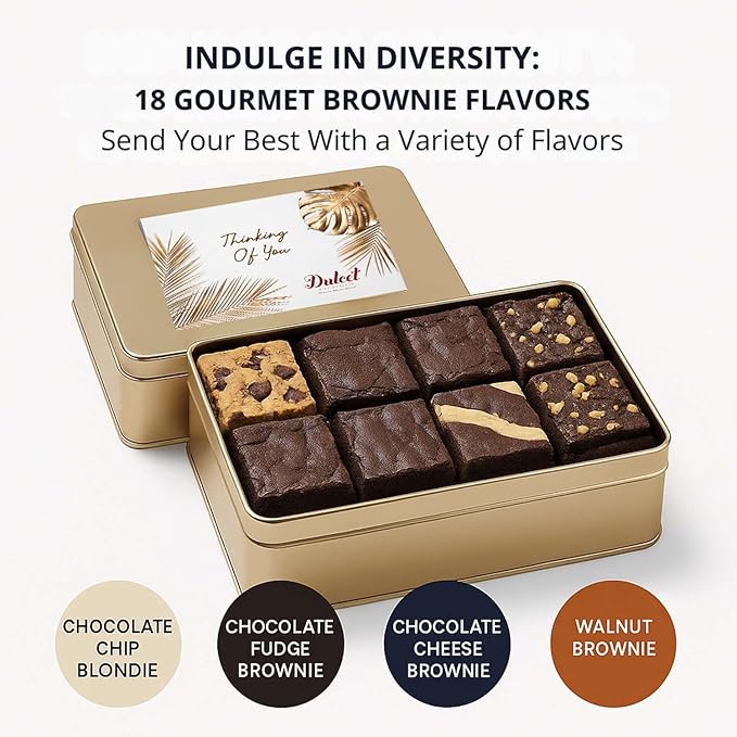 Thinking of You Gift Basket - 18 Individually Wrapped Brownies Freshly Baked in a Variety of Flavors - Dulcet's Signature Flavored Fudge Brownies - Gift Box Comes with Thinking of You Card