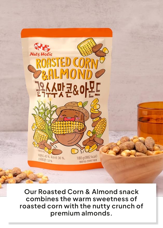 Korean Food Nuts Holic Roasted Corn & Almond, Sweet & Nutty Crunchy Almond Snack, 8 Packs 8.5 oz (1.05 oz Each)