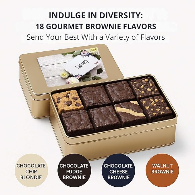 I'm Sorry Gift Basket - 18 Individually Wrapped Brownies Freshly Baked in a Variety of Flavors - Dulcet's Signature Flavored Fudge Brownies - Gift Box Comes with Apology Gift Card