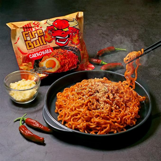 [Fire Bull Ramen] Intense Spicy Carbonara Stir-Fried Ramen | Authentic Korean Heat Meets Flavorful Delight | Thick, Chewy Noodle (1 Case, 32 Pouches)