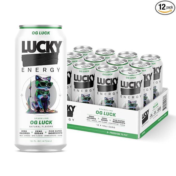 Lucky Energy Sugar Free Energy Drinks, OG Luck, 16oz Cans (12-Pack) Healthy, Zero Sugar Energy Drink with Maca, Ginseng, Beta-Alanine, Taurine & 200mg Caffeine