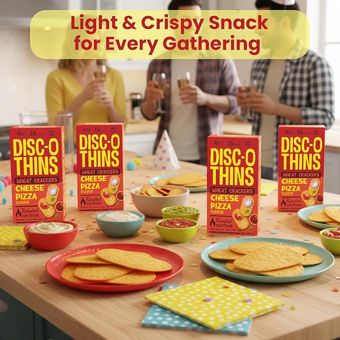 Disc-O Thins Whole Wheat Crackers - Crunchy Roasted Snack, High-Fiber & Low-Fat On-the-go Snack Chips, 96pcs (Cheese Pizza) - Healthy Family Travel Snack, Non-GMO - Great with Salsa, Cheese, Charcuterie Boards