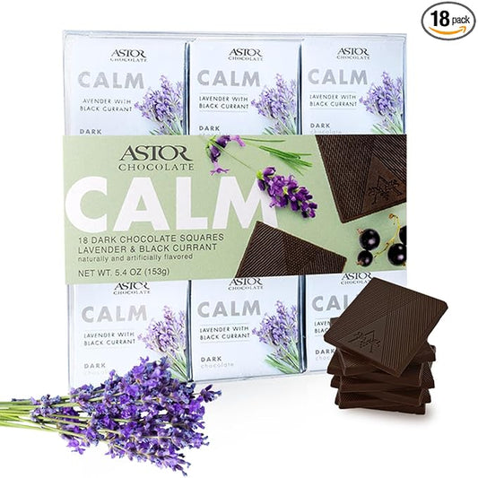 Astor Chocolate Calm Dark Chocolate Lavender Black Currant Squares Gift Set | Chocolate Lovers Mini Bar Box l 18pc Individually Wrapped Calming Belgian Chocolate Basket | 0.33oz Each Minibar Gourmet Snack | Kosher Food Candy Holiday Bars