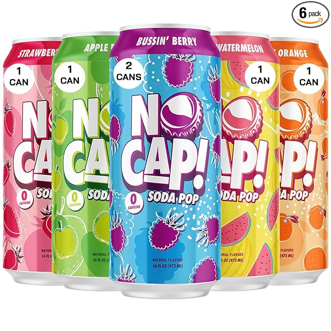 NO CAP! Next Gen Soda Pop with Zero Sugar, Zero Calories and Electrolytes for Hydration, Naturally Flavored Caffeine-Free Soda, Vegan & Gluten-Free, 16 oz Cans (Variety Pack)