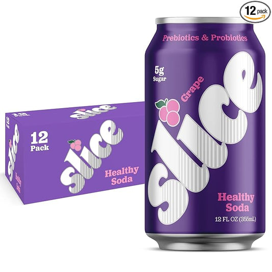 Slice Healthy Soda, Grape, Prebiotic & Probiotic Soda Pop, 5g Fiber, 40 calories, 12 fl oz 12 Pack