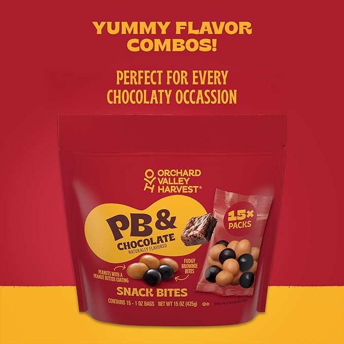 Orchard Valley Harvest Peanut Butter Covered Peanuts & Fudgy Brownie Bites With Chocolatey Coating Snack Mix, 1oz Bags (Pack of 15), Perfect On-The-Go Snack