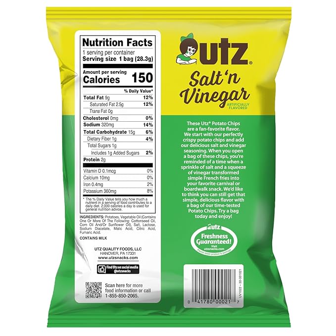 Utz Salt & Vinegar 1 oz. Bags, 42 Count Crispy Fresh Potato Chips, Crunchy Individual Snacks to Go, Cholesterol, Trans-Fat & Gluten Free