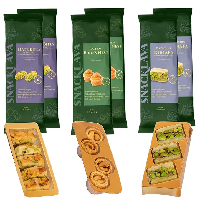 Snacklava Flavorful Variety Pack (24 Pieces) - 2 White Pistachio Kunafa (6 Pieces), 2 Pistachio Date Bites with Cardamom (10 Pieces), 2 Cashew Bird's Nest (8 Pieces) - No Artificial Ingredients, Colors or Preservatives