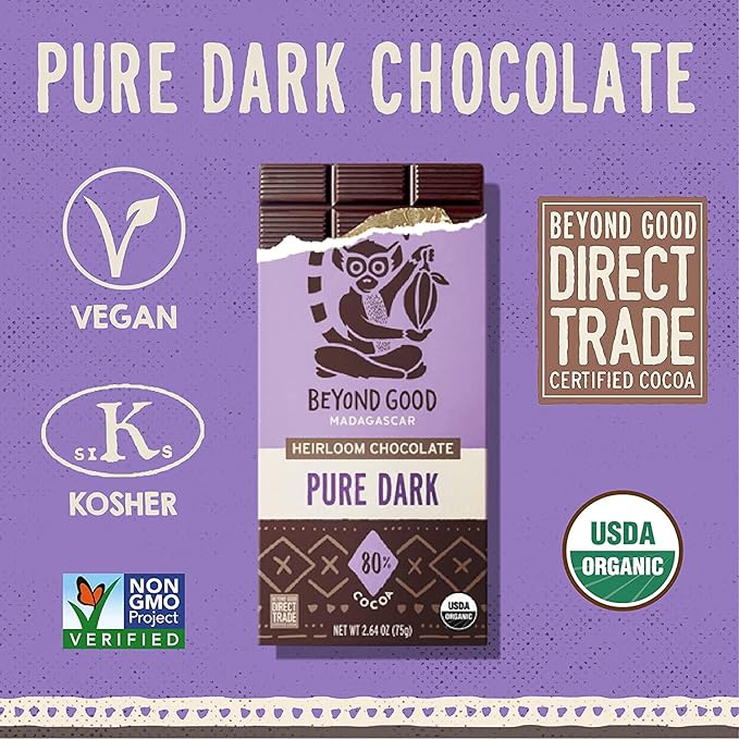 Beyond Good 80% Cocoa Pure Dark Chocolate | 12 Pack - Chocolate Bars | Organic, Direct Trade, Vegan, Kosher, Non-GMO | Single Origin Heirloom Madagascar Dark Chocolate