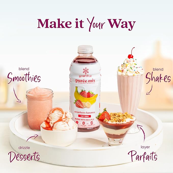Smartfruit Strawberry Bananza + Oat Fiber – 100% Real Fruit Purée with Strawberries & Banana – Great for Smoothies, Juice, Yogurt, Cocktails, Teas & More – High in Vitamin C – 48oz