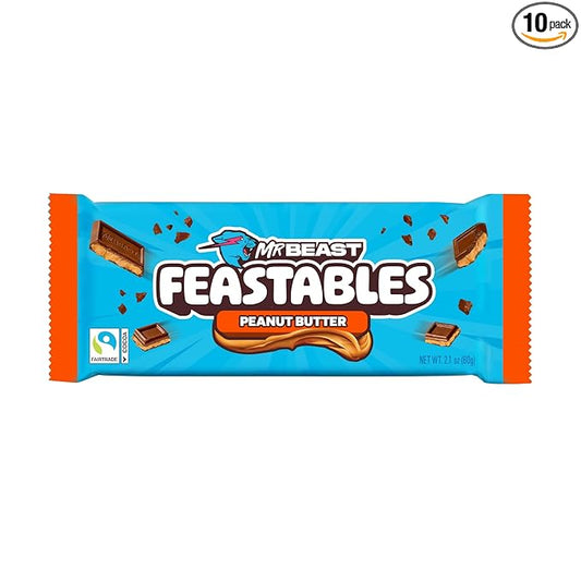 Feastables MrBeast Peanut Butter Milk Chocolate Chocolate Bar, King Size Candy Bar for Adults & Kids, Candy Bars for Snacks, Gifts, & Dessert, Sweet & Creamy Fairtrade Cocoa, 2.1 Oz Each, 10 Count