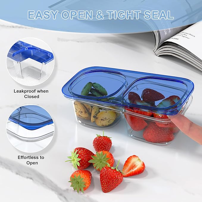 Reusable Snack Containers with Lids for Kids-Navy Blue 10 PACK, [UNIQUE DESIGN 2-COMPARTMENT] BPA-Free/Microwave/Dishwasher Safe, Snack Bowls Container for On-the-Go Meals,Camping and Travel