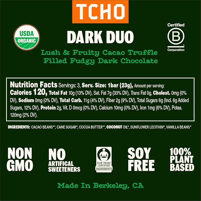 TCHO Dark Duo 75% Dark Chocolate Bars (5 pack) | Plant Based, Organic & Fair Trade, | Non GMO, Non-Dairy, Vegan Chocolate, Soy Free (2.5oz each)