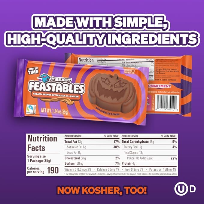 Feastables MrBeast Peanut Butter Jack-O-Lantern, Milk Chocolate & Creamy Peanut Butter Filling, Cups for Adults & Kids, Chocolate Candy for Halloween Snacks, Made With Fairtrade Cocoa, 30 Count