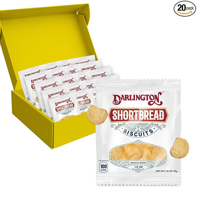 Darlington Shortbread Cookies Individually Wrapped Classic Soft Butter Cookies, 20 pk, 1 oz Single Serve Packs for Gifting, Lunchboxes & On-the-Go Snacks. Portion Controlled Short Bread Tea Biscuits