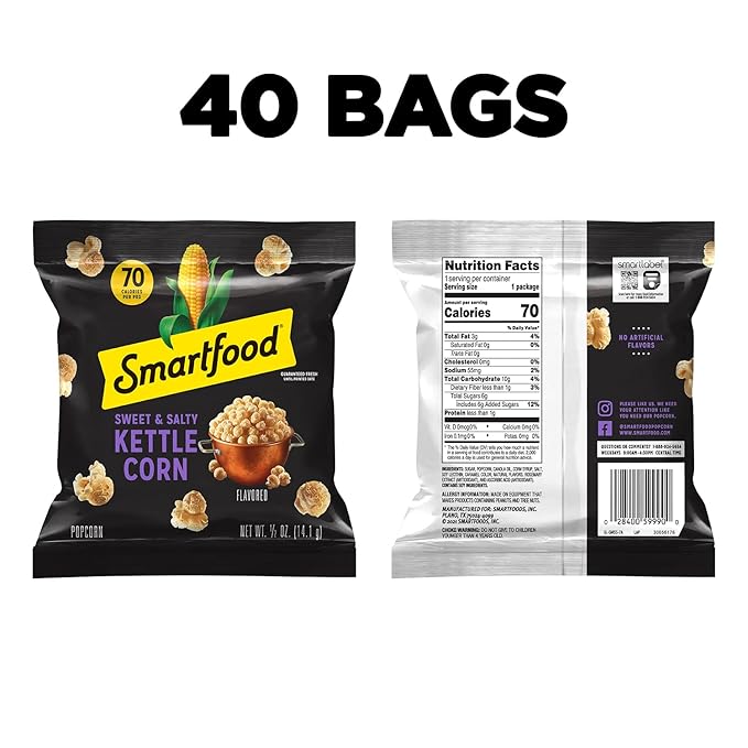 Smartfood Popcorn, Sweet & Salty Kettle Corn, 0.5 Ounce (Pack of 40)