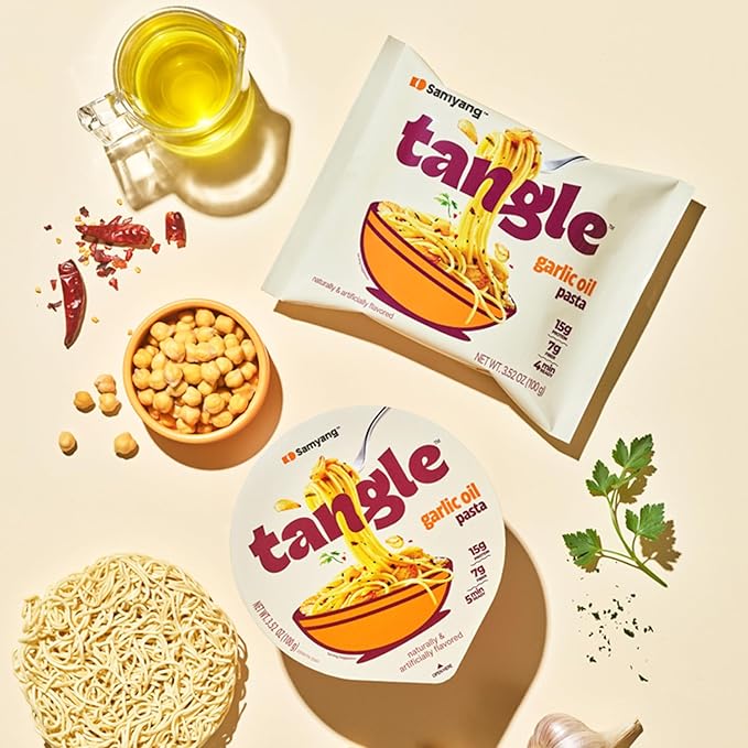 Samyang Tangle Garlic Oil Pasta | Instant Pasta | Mukbang | 15g of Protein | Linguine | 6g of Fiber | Chick Pea based | Easy Prep | Convenient | 4 Pack