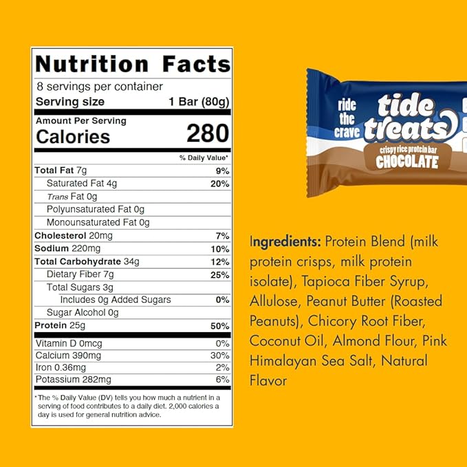 Crispy Rice Protein Treat Bar | 25 g Protein, No Added Sugar, 7 g Fiber, Gluten Free | High Protein Snack for On-the-Go, Post-Workout or Dessert Cravings | 8 Count (Chocolate)