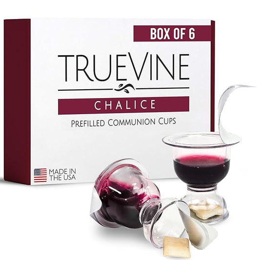 TrueVine Chalice Communion Cups and Wafer Set - Prefilled Cups w/ Fresh Unleavened Bread & Grape Juice - Carefully Packaged & Easy to Open Elements for your Church Services, Fits in Trays (6 Count)