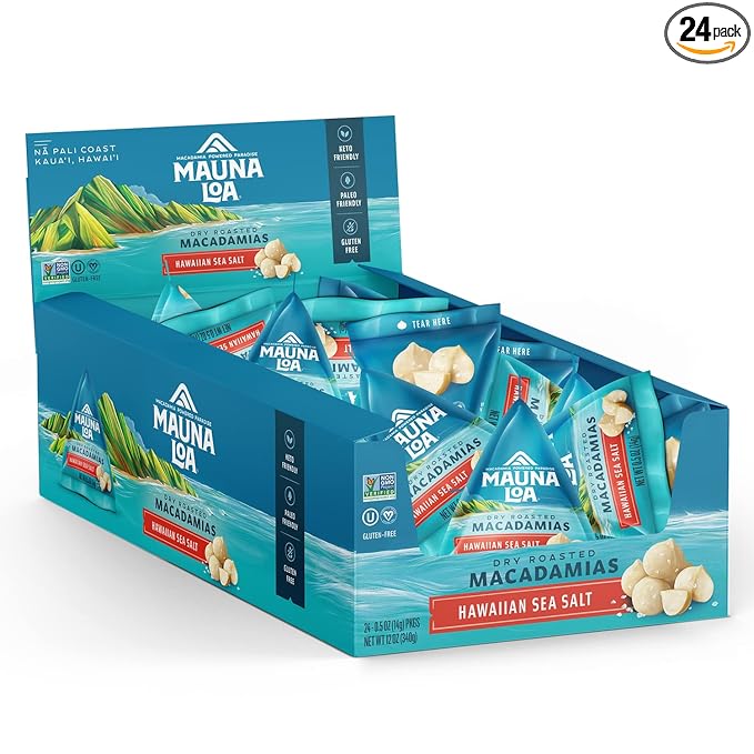 Mauna Loa Sea Salt Roasted Macadamia Nuts, 24 Pack of 0.5 oz Mini Pouches, Keto Friendly, Gluten Free, Healthy Hawaiian Snack
