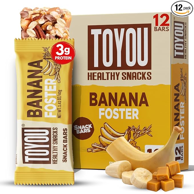 ToYou Gluten Free Chewy Fruit and Nut Bars - Healthy Protein Snacks | Banana Foster - 1.41 Ounce (Pack of 12) | Soft Chewy, Fiber-Packed Granola Bars for Adults and Kids, Made with Natural Ingredients