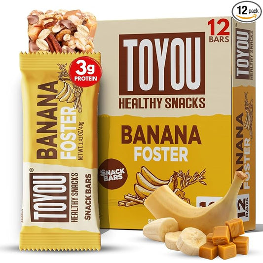 ToYou Gluten Free Chewy Fruit and Nut Bars - Healthy Protein Snacks | Banana Foster - 1.41 Ounce (Pack of 12) | Soft Chewy, Fiber-Packed Granola Bars for Adults and Kids, Made with Natural Ingredients