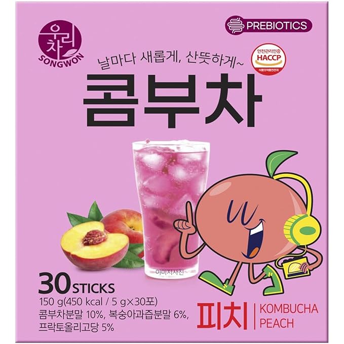 SONGWON Peach Kombucha Powder Sticks - Low Calorie, Naturally Sweetened, Refreshing & Effervescent Drink Mix - Ideal for Fitness, Outdoor Activities & Iced Tea - 30 Sticks (1.76 oz / 50g)